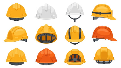 Collection of construction hard hats and safety helmets in various colors and styles, depicting industry protection gear