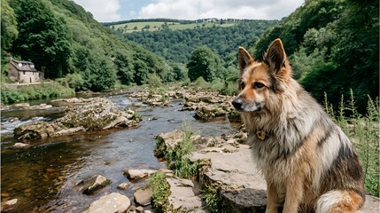 Dog sitting by a rocky river, with green hills, trees, and small house in the distance