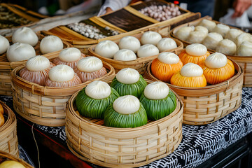 Appetizing colorful steamed bun and bao street food display at vibrant outdoor market stall in China