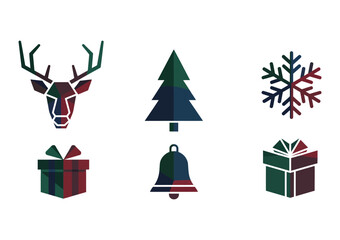 Winter Christmas Icon Collection Featuring Reindeer, Tree, Gift ,bell and Snowflake and more