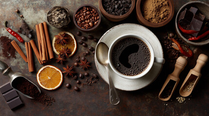 Various Spices and Seasonings for Aromatic Coffee Drinks with Black Coffee in White Cup, Top View