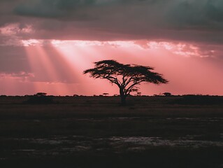 Dramatic landscape featuring a lone acacia tree bathed in vibrant pink and purple sunset light rays