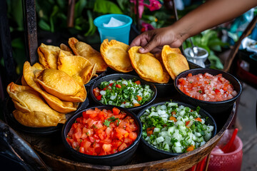 Vibrant Ecuadorian street food from cart, hand serving delicious crispy empanada with fresh tomato onion salsa