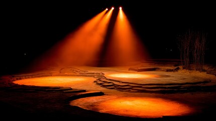 Dramatic stage scene illuminated by three powerful spotlights in an orange glow, dark setting