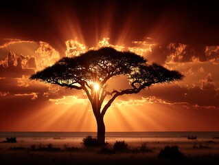 Dramatic sunset over an African savannah, silhouetting a lone tree against sun rays