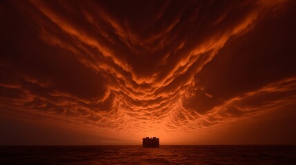 Dramatic sunset sky above the sea, framing a distant, dark rectangular structure