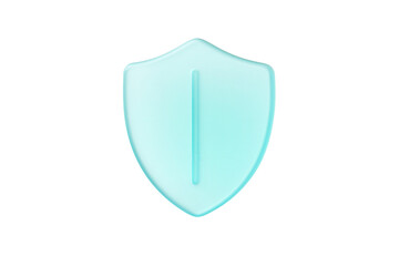 Frosted cyan frosted glassmorphism security shield icon floating isolated on a clean white background for modern app UI design with soft light reflections.