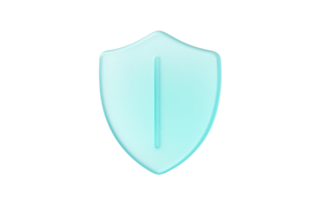 Frosted cyan frosted glassmorphism security shield icon floating isolated on a clean white background for modern app UI design with soft light reflections.