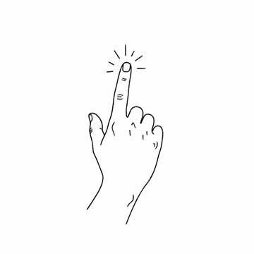 Hand pressing button with glowing finger, line art illustration.