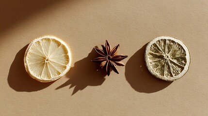 Dried lemon slices and star anise sit on a light-brown surface, casting shadows
