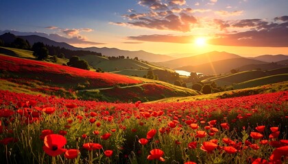 Blooming poppy field with hills and mountains under a bright, warm sunset