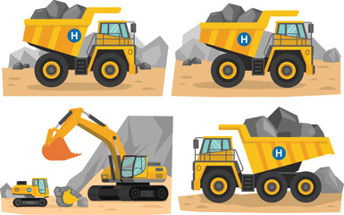 Heavy mining machinery illustration set, dump trucks and excavator, construction vehicles, quarry equipment, industrial transport, flat vector design