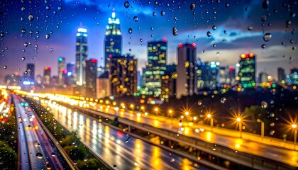 Fototapeta premium Blurred cityscape with rain-streaked glass, vibrant lights reflecting off wet roads in a modern urban setting