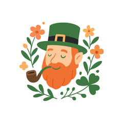 A cheerful leprechaun head with a pipe surrounded by flowers and clover