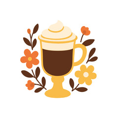 A charming illustration of a coffee drink adorned with floral elements