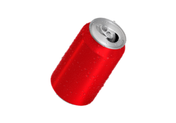 Open red Aluminum soda can with water drops, transparent background