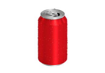 Open red Aluminum soda can with water drops, transparent background