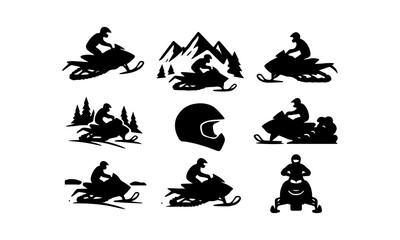 A collection of dynamic snowmobile and snowmobiler black silhouette designs for winter sports
