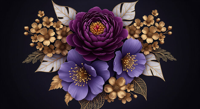 Luxurious purple peony and gold floral illustration 3D Wall Mural. floral landscapes. 3d floral art, floral wallpaper, Luxurious textile tile wall art