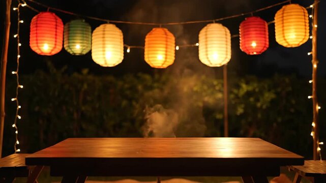 Festive outdoor night scene featuring colorful paper lanterns and wooden