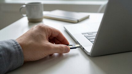 Man’s Hand Inserting a USB Security Key into a Laptop, Cybersecurity and Data Protection 