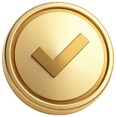 A highly polished, three-dimensional rendered golden medal with a raised checkmark symbol at its center, exhibiting a subtle metallic sheen and embossed, isolated on transparent background.