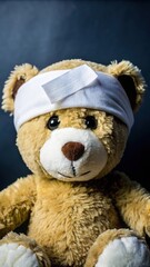 Teddy bear with bandage on head on blue background