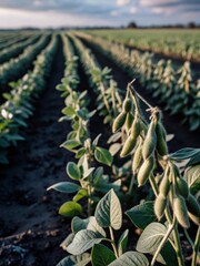 field of green soybeans with vines stretched out to the horizon