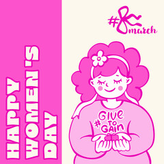 happy Women's Day give to gain action ,march 8, spring, cute girl with gift, drawn vector creative illustration, square poster, banner, card, web, decoration with pink colour