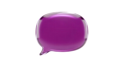 Frosted deep violet glassmorphism message bubble icon floating isolated on a clean white background for modern app UI design with soft light reflections.