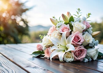Freshly bloomed roses and lilies placed on a rustic wooden table surrounded by lush greenery