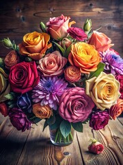 Vibrant mix of roses and asters in a colorful bouquet on a wooden table