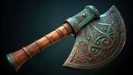 Ancient copper axe head with intricate carvings