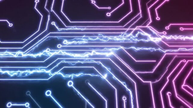 Neon circuits glowing with futuristic energy in sleek tech workspace
