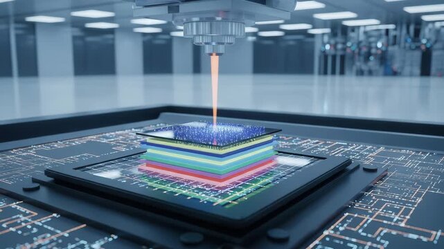 3D printing technology creating layered microchip in laboratory setting with laser beam
