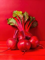 close-up of vibrant red beets against a rustic wooden background