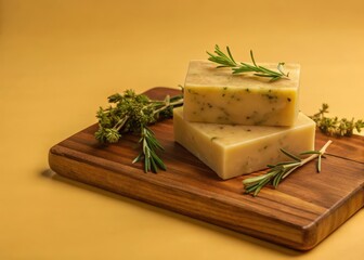 Artisanal soap with fresh herbs on a wooden cutting board
