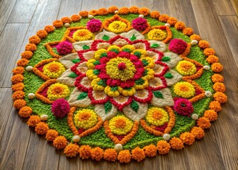 Intricate rangoli design made of flowers and leaves on a wooden floor