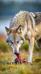 Fototapeta premium Grey wolf feasting on dead bird in open grassland