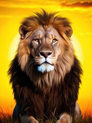 A lion's fierce gaze as it protects its den in the savannah grasslands at sunrise