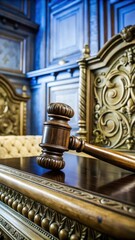 Wooden judge gavel on a high desk in a grand courtroom with intricate carvings and ornate details