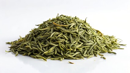 A bundle of dried green tea leaves laid out neatly on a clean white surface