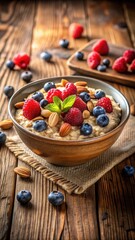 Warm bowl of oatmeal with fresh berries and chopped nuts on a rustic wooden table
