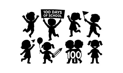 Celebrating 100 days of school with joyful children silhouettes, ready for learning and fun