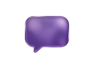 Frosted deep violet glassmorphism message bubble icon floating isolated on a clean white background for modern app UI design with soft light reflections.