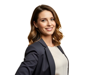 Smiling businesswoman in blazer friendly professional portrait isolated on white background