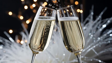 Two champagne flutes clinking with bubbles and festive lights in the background celebration