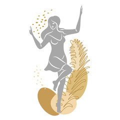 Silhouette of a cute lady and leaves of a plant. The girl is standing. The woman has a beautiful figure. She is young and slim. Vector illustration.