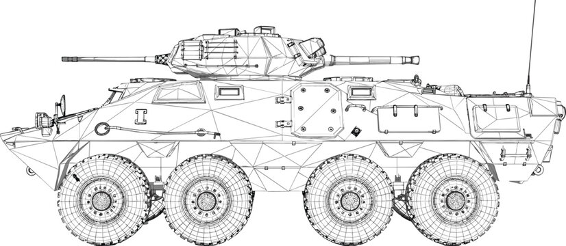 Technical wireframe mesh model of an eight-wheeled armored personnel carrier vehicle with turret for military engineering and digital design
