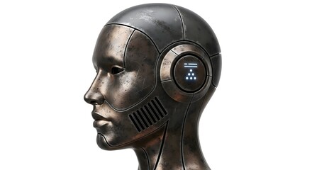 Profile view of a weathered bronze cyborg head with industrial details suitable for steampunk science fiction art artificial intelligence history and retro futuristic concepts.